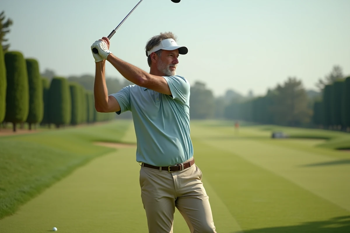 Homme d'âge moyen en polo golf et chinos beige en pleine pause