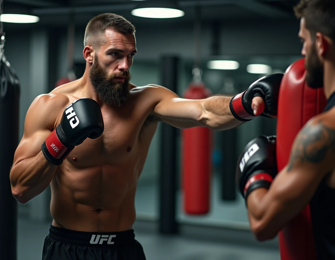 Grand combattant MMA exploitant son allonge lors d'un entraînement de boxe en salle de sport professionnelle