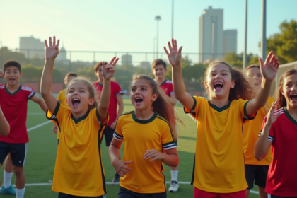 Jeunes en équipe de football sur terrain extérieur