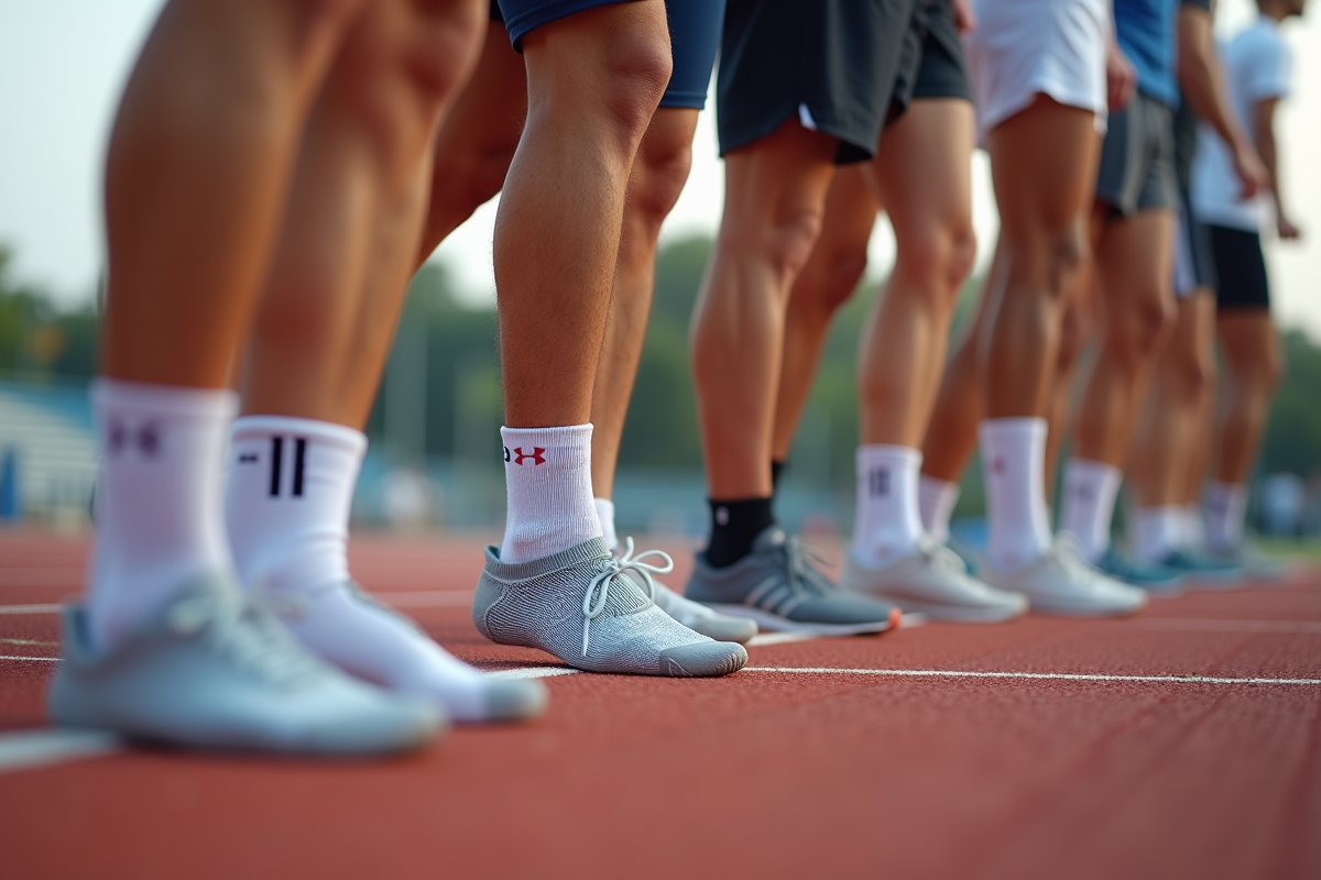 Groupe de coureurs avec chaussettes de performance visibles au bord de la piste