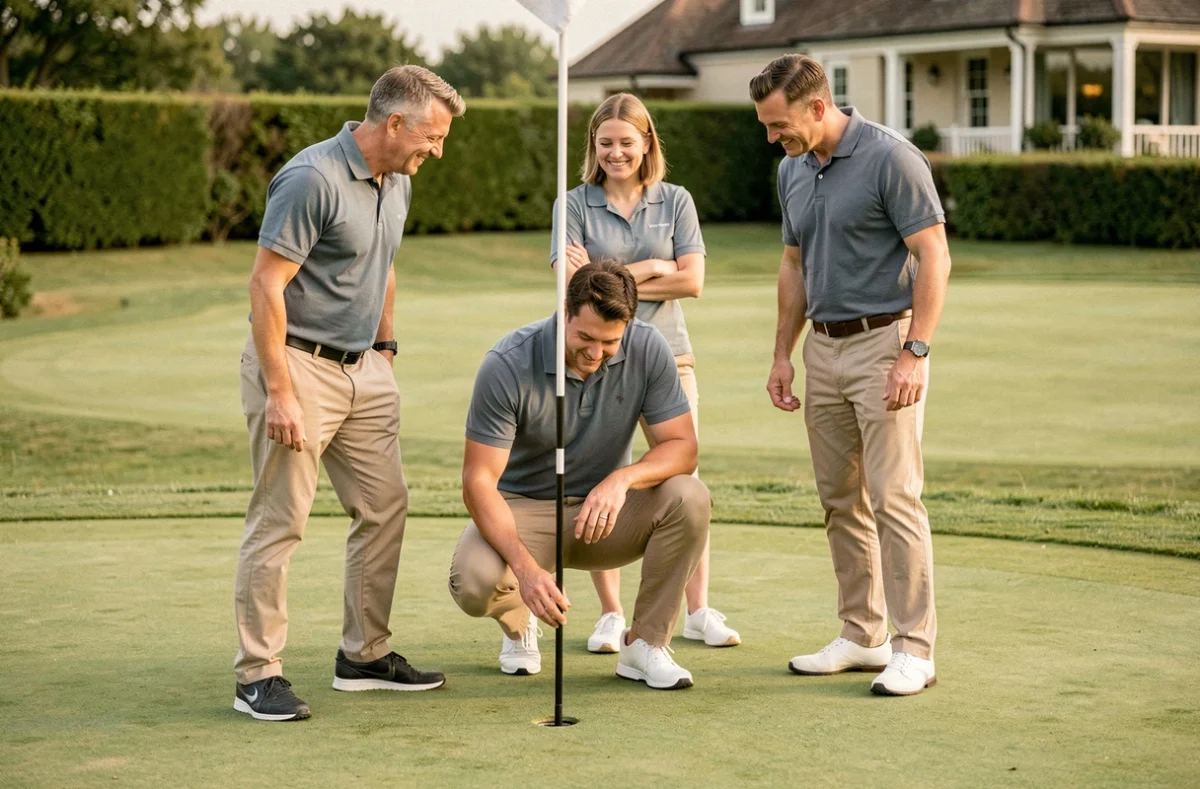 Groupe de débutants adultes sur un green de golf s'encourageant mutuellement, symbolisant la convivialité et le dépassement de la peur du regard lors d'une initiation au golf