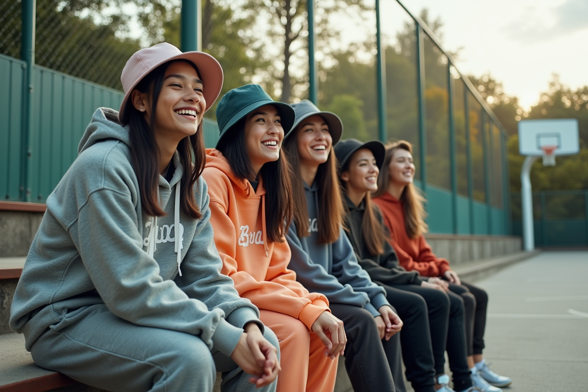 Groupe de jeunes souriants au basket en extérieur