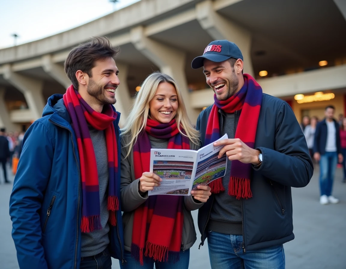 Groupe de supporters du FC Barcelone devant le stade consultant le programme d'un match