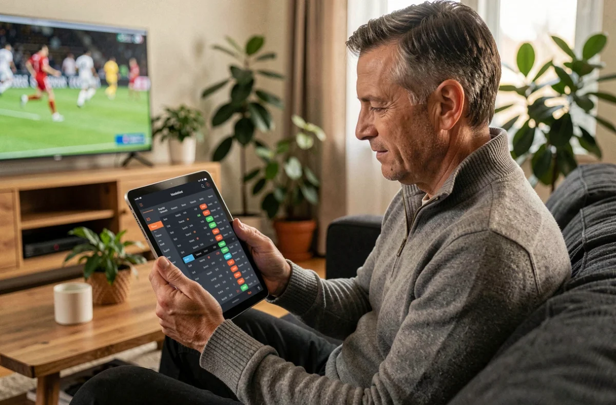 Homme consultant une application de statistiques sportives sur une tablette dans un salon moderne