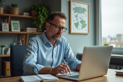Homme d'âge moyen au bureau regardant un site de rugby