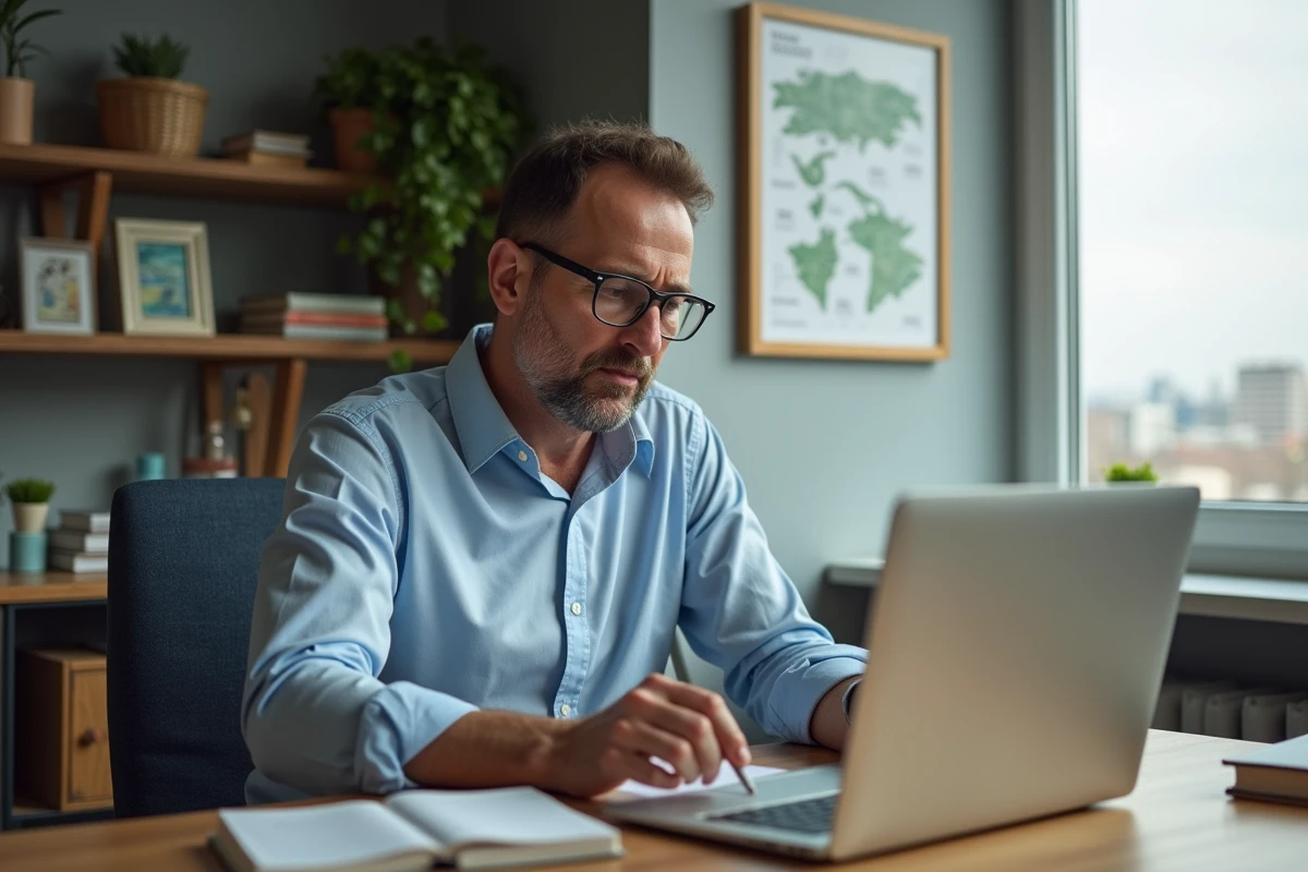 Homme d'âge moyen au bureau regardant un site de rugby