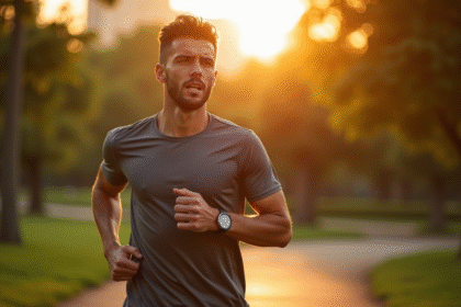 Jeune homme en course au lever du soleil dans un parc urbain