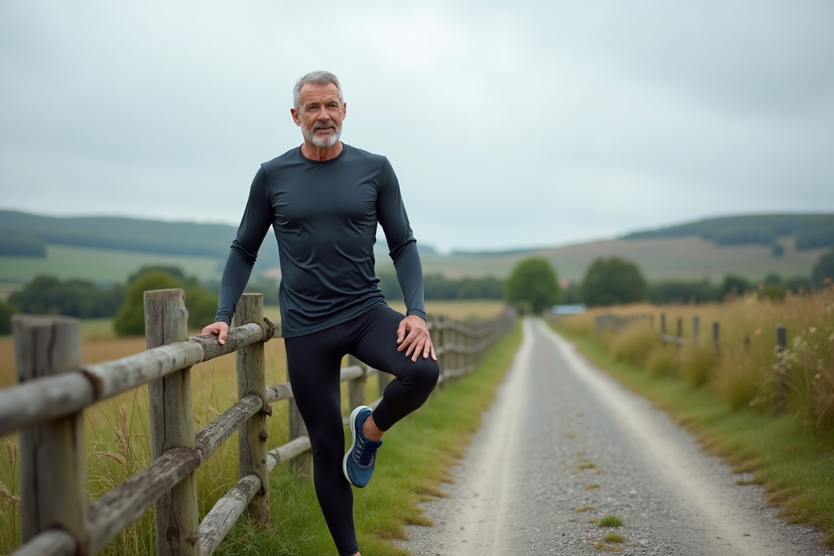 Homme en pleine échauffement sur un sentier de campagne