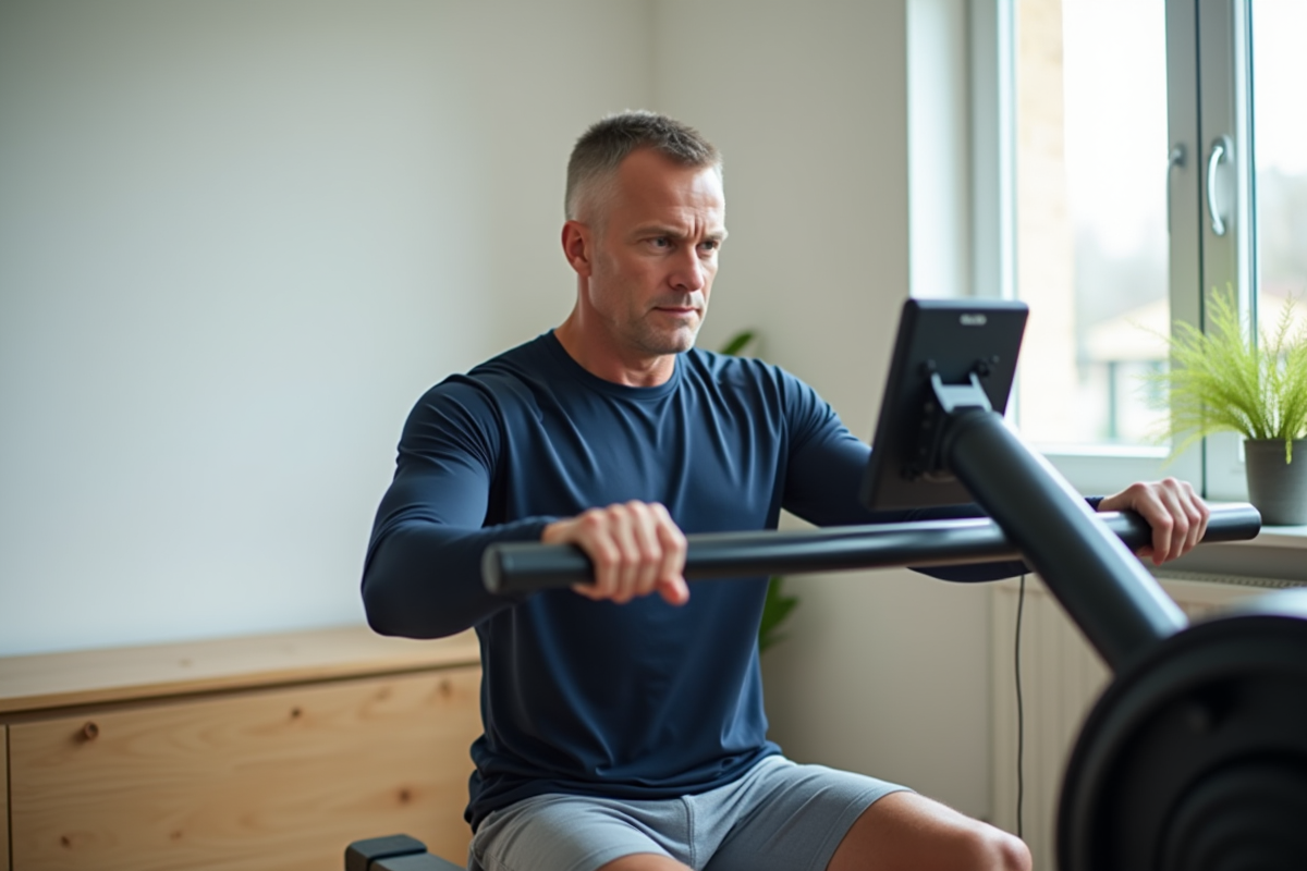 Homme d age moyen faisant du rameur dans un espace domestique