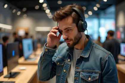 Homme essayant un casque audio moderne en magasin