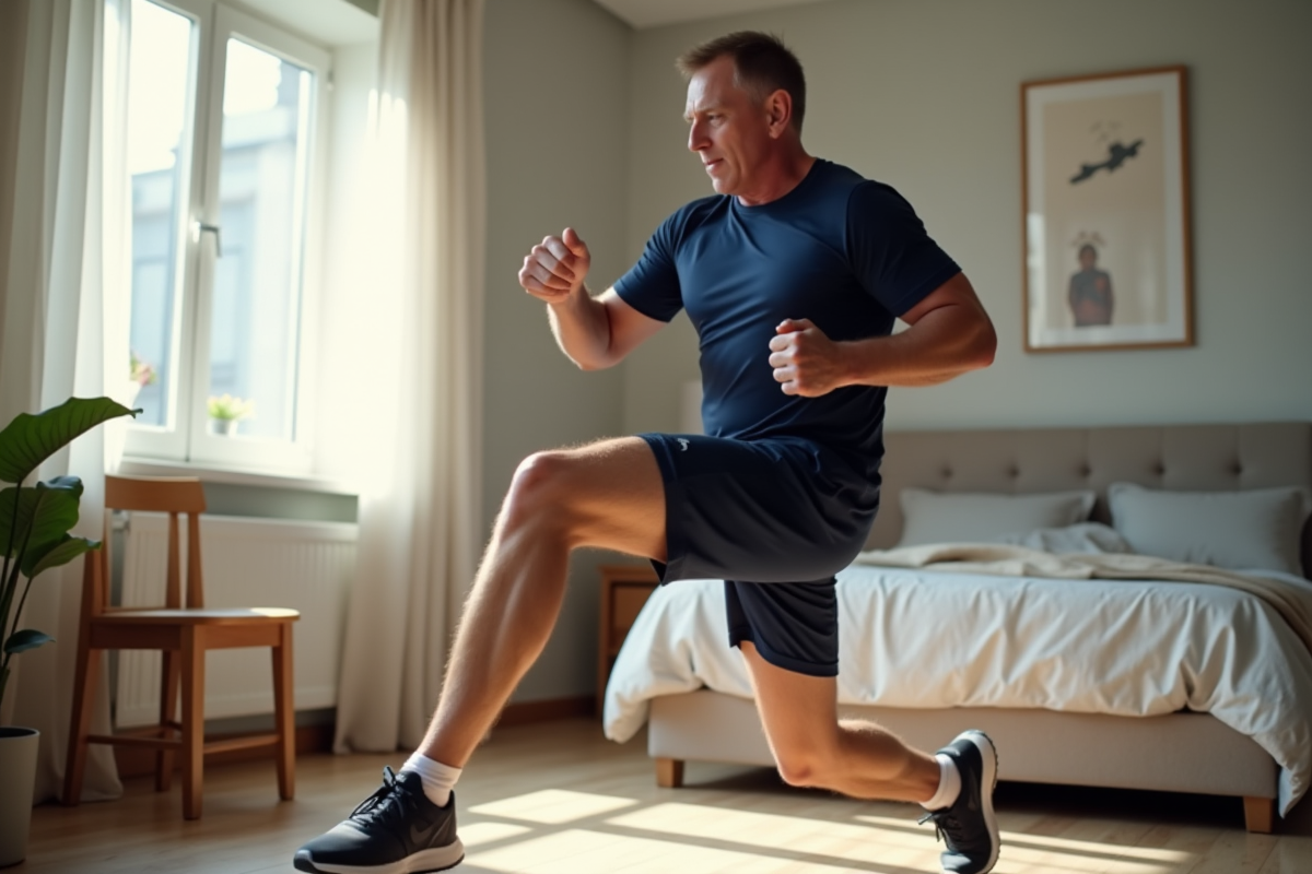 Homme faisant des montées de genoux dans une chambre lumineuse