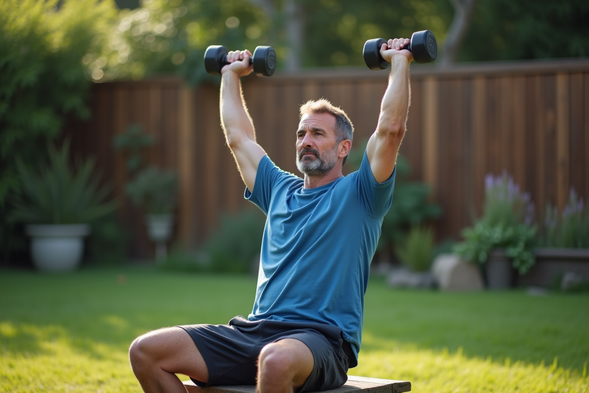Homme faisant des extensions triceps en extérieur dans le jardin