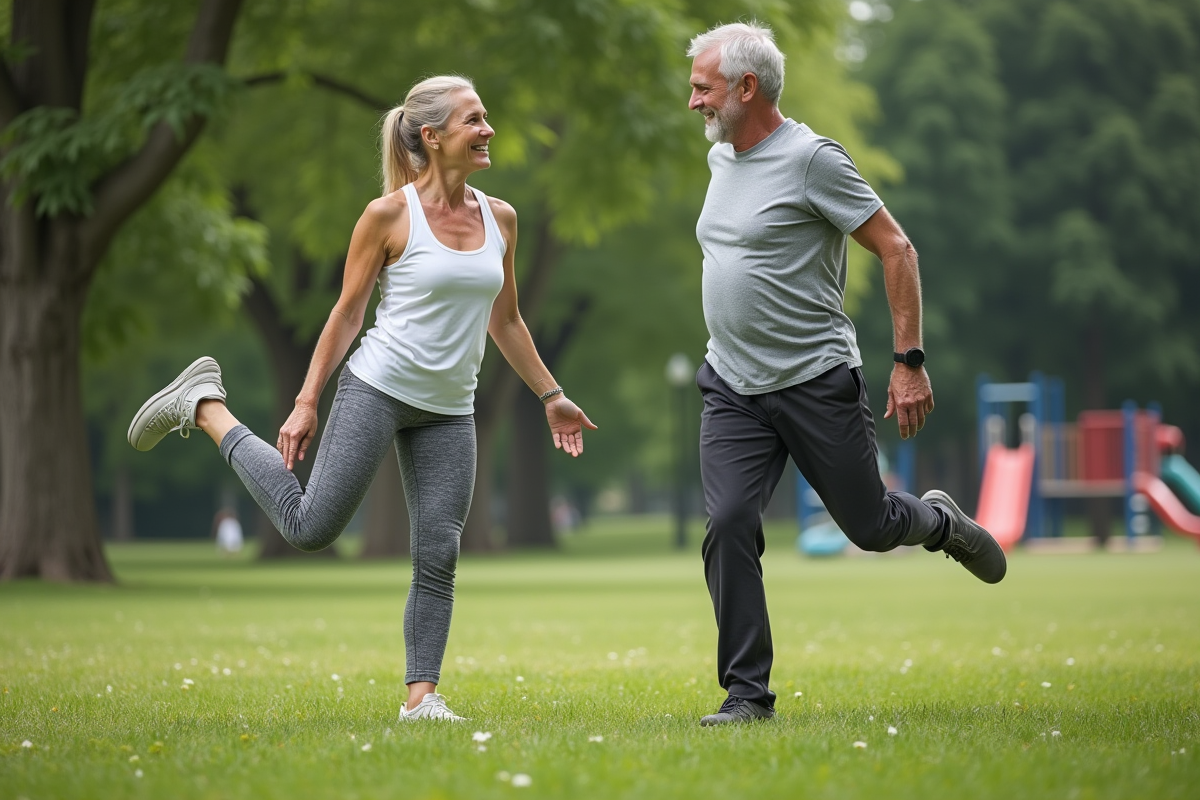 Homme et femme en extérieur faisant un étirement quadriceps