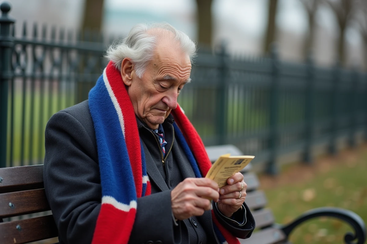 Homme âgé avec écharpe de football dans un parc