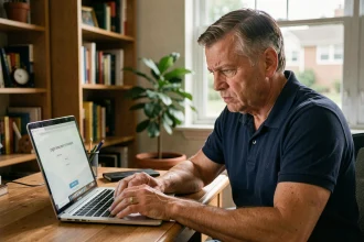 Homme d'âge mûr frustré devant un écran d'ordinateur affichant une erreur de connexion sur Infonet Le Trot