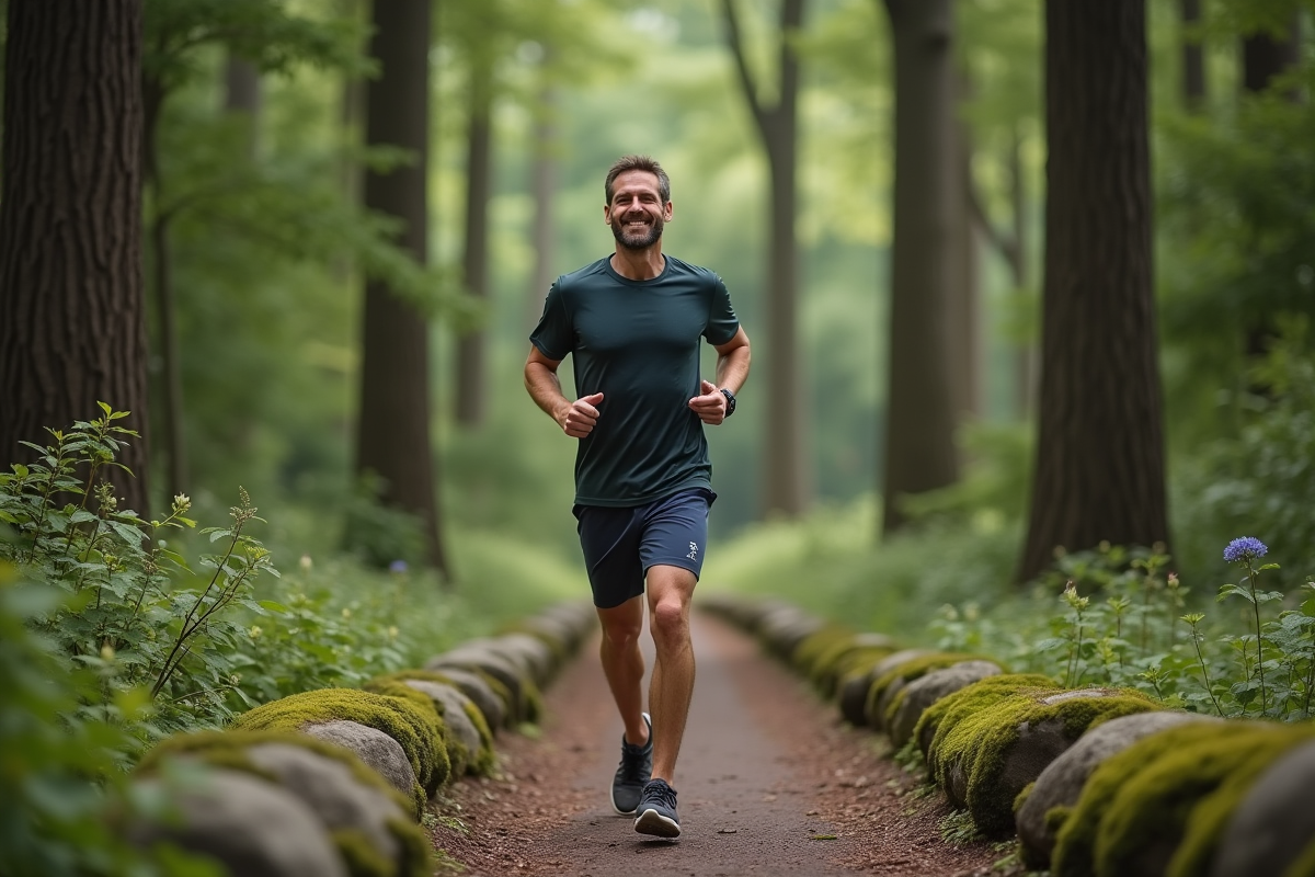 Homme courant dans une forêt en tenue de sport