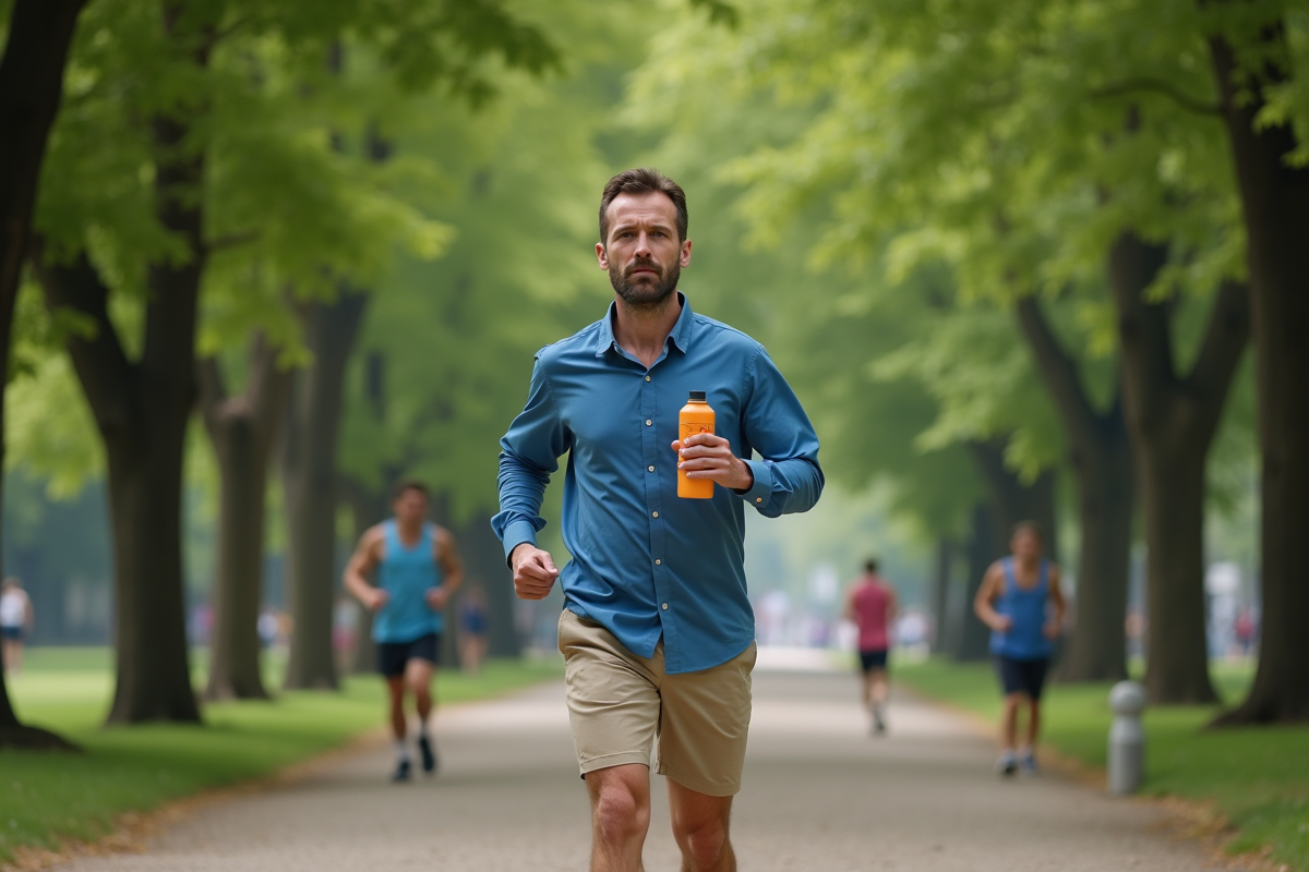 Homme en jogging buvant dans une gourde dans un parc urbain