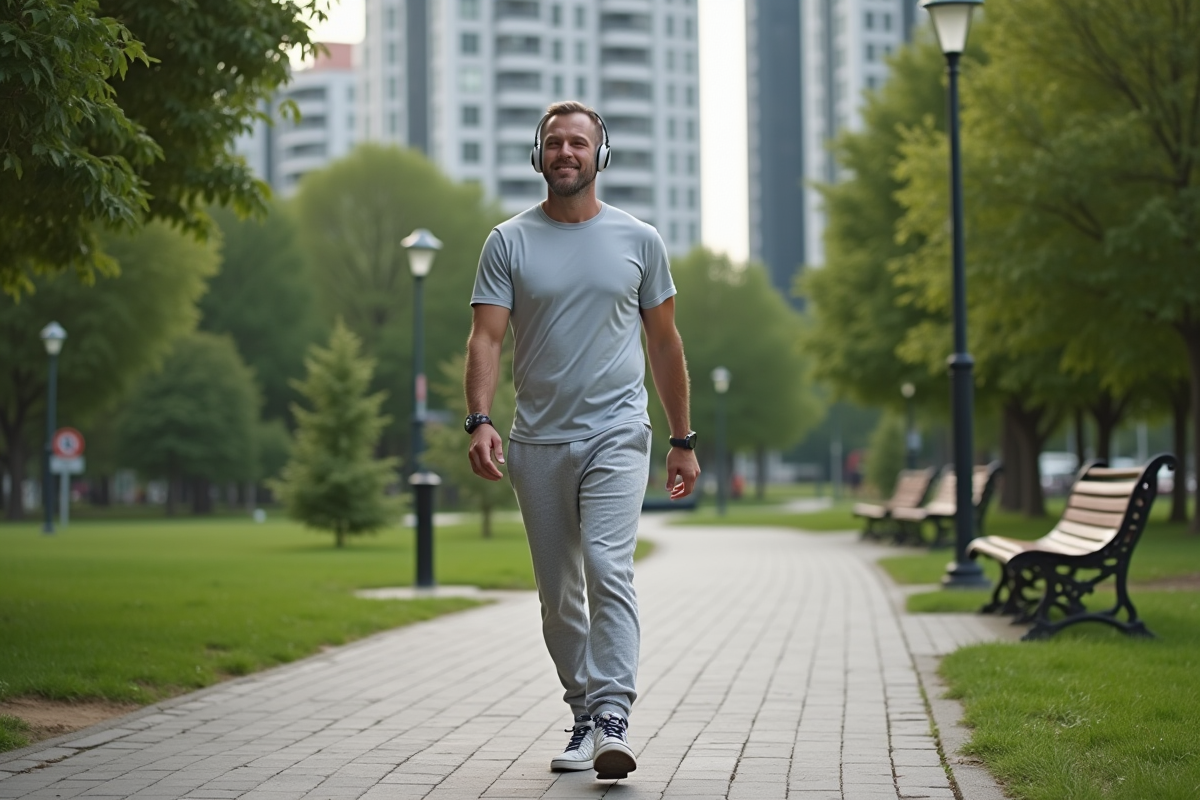 Homme en jogging marchant dans un parc urbain