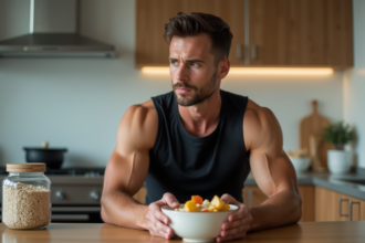 Homme musclé en cuisine avec bol de flocons et fruits