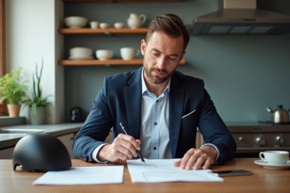 Homme en blazer remplit documents d'assurance vélo électrique