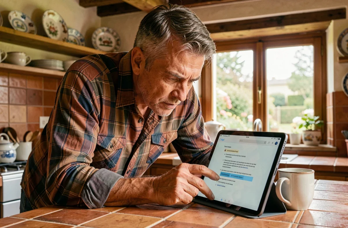 Homme senior en cuisine rurale française consultant des astuces de dépannage pour résoudre un problème d'accès à Infonet Le Trot sur une tablette