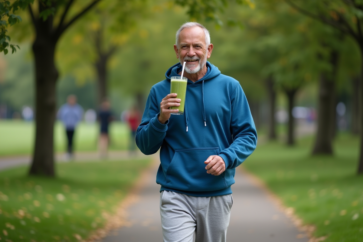 Homme en jogging buvant un smoothie dans un parc arboré