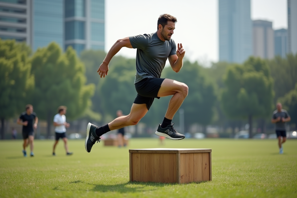 Homme en entraînement intense dans un parc urbain