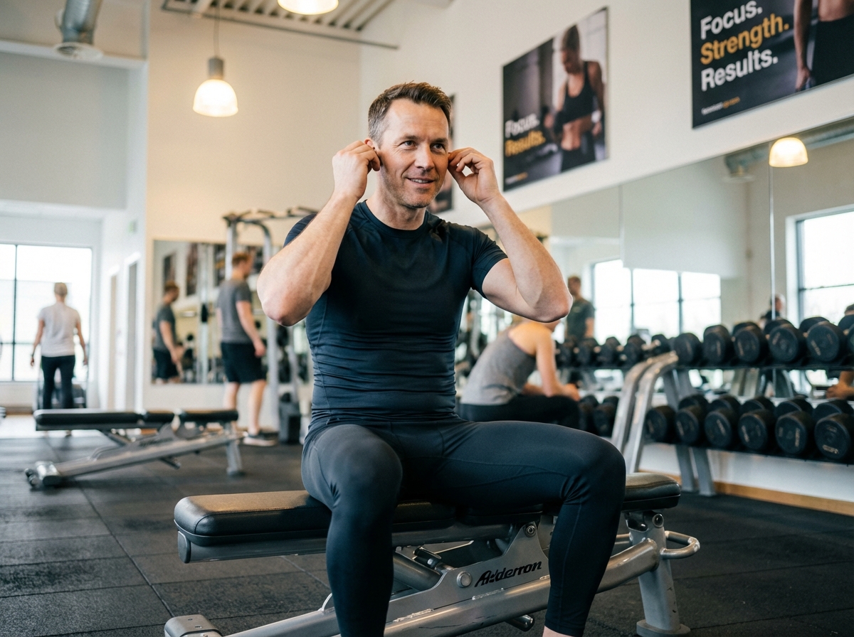 Homme d age moyen ajustant ses ecouteurs dans la salle de sport