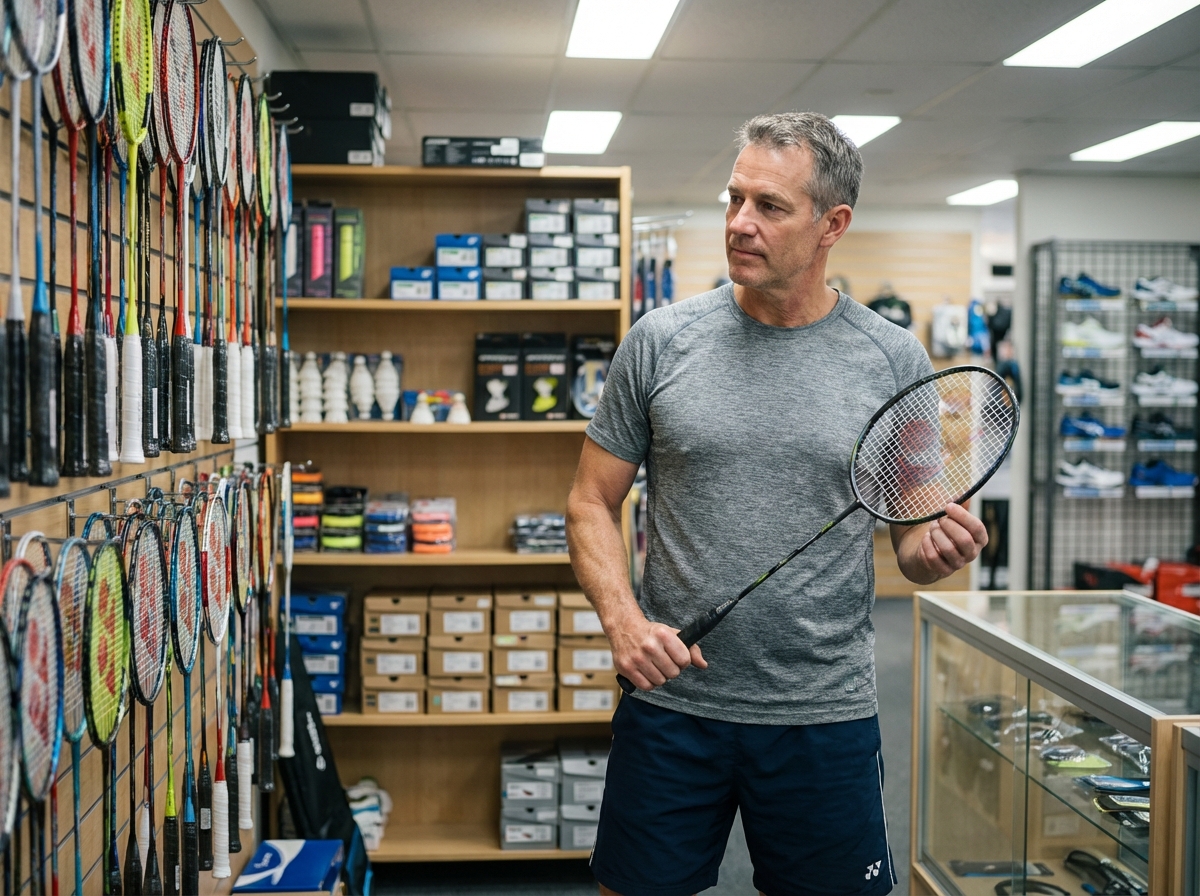 Homme testant une raquette de badminton dans un magasin