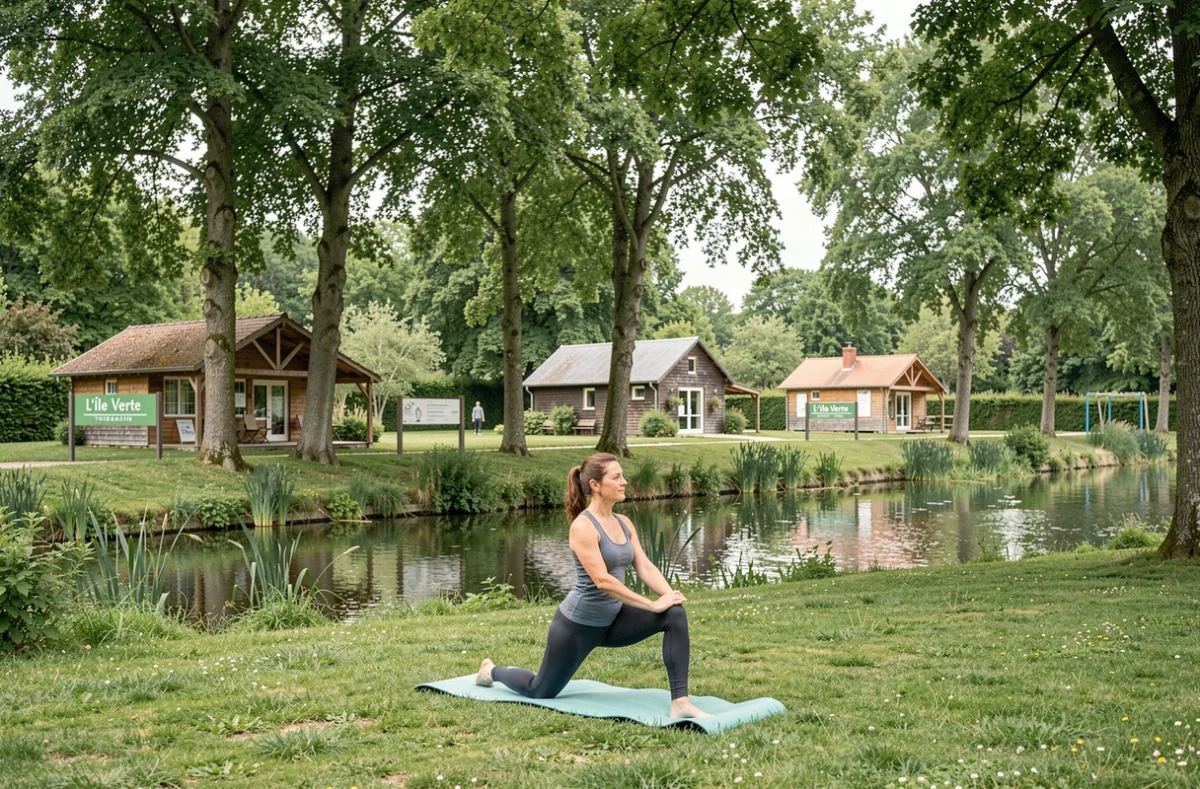 Centre de bien-être L'Île Verte à Hirson avec espace de yoga en plein air au bord de l'eau dans un cadre naturel