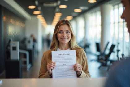 Jeune adulte tenant un formulaire d'annulation à la réception du gymnase