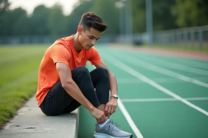 Jeune athlète en tenue de sport attachant ses chaussures