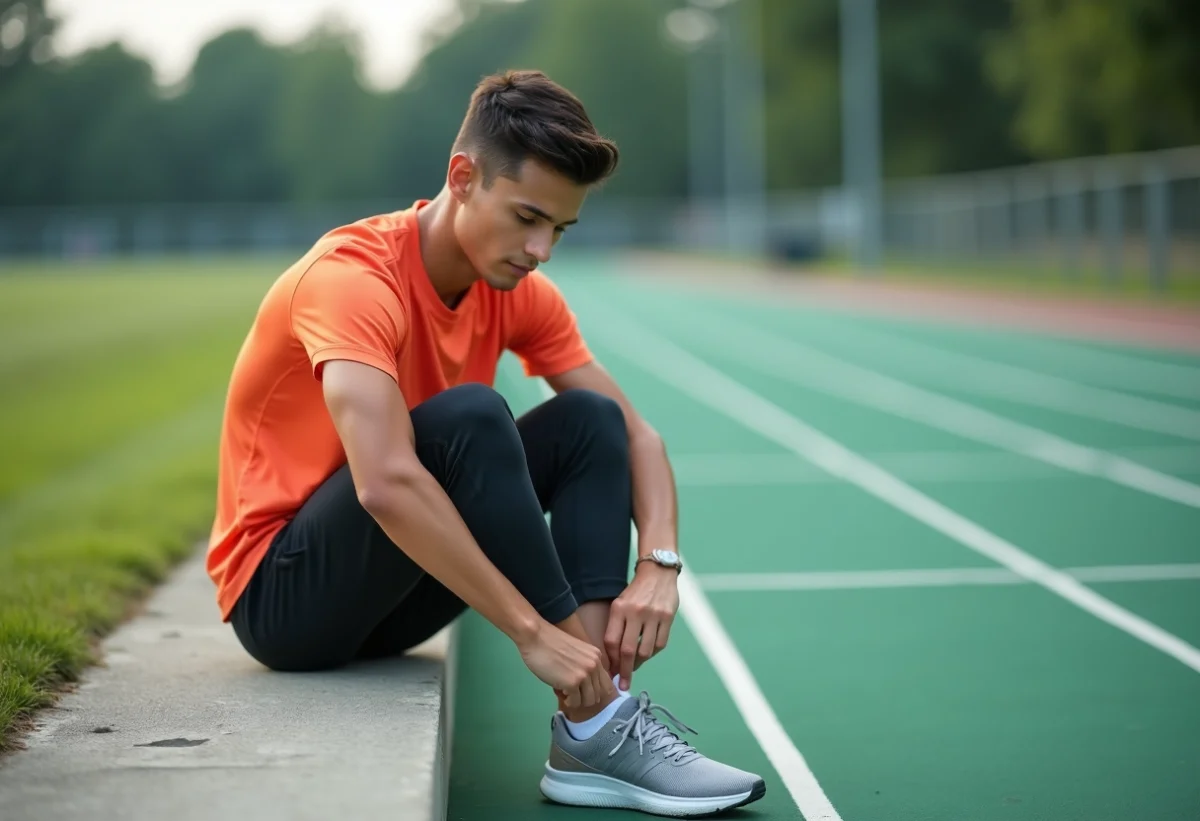 Jeune athlète en tenue de sport attachant ses chaussures