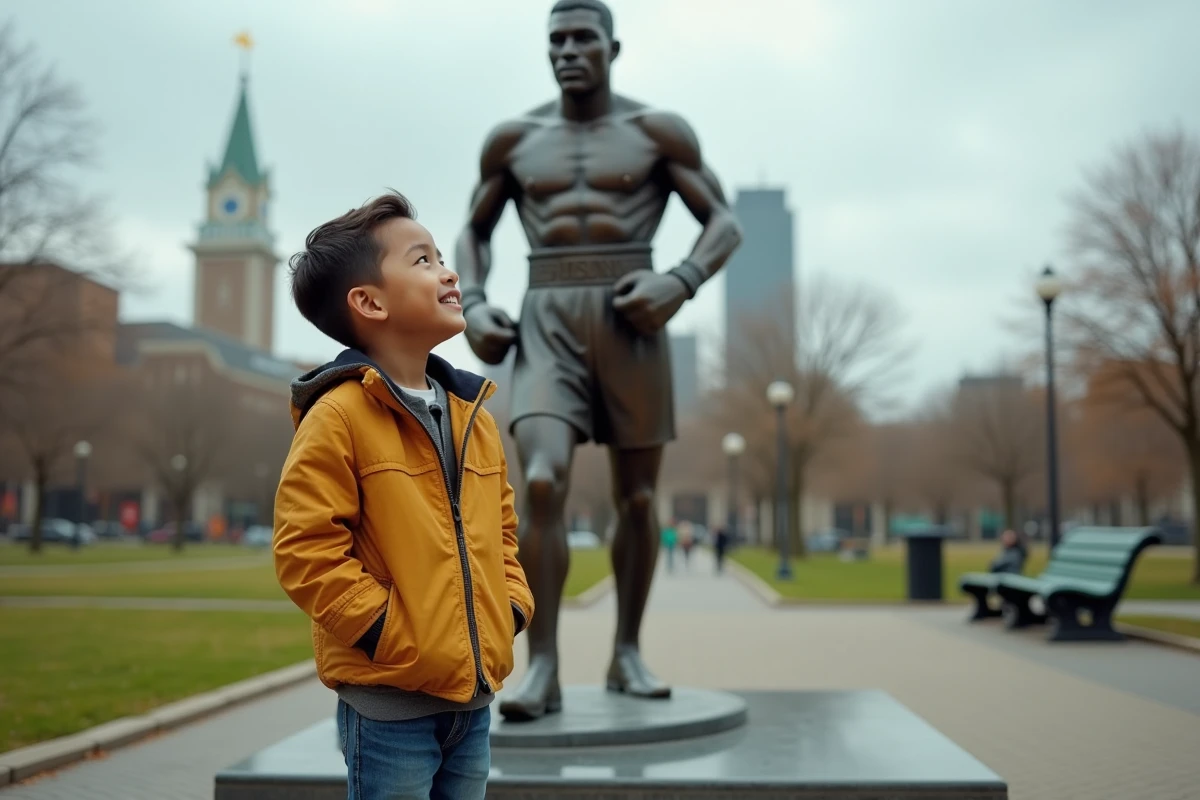 Jeune garçon admirant une statue de boxeur dans un parc urbain