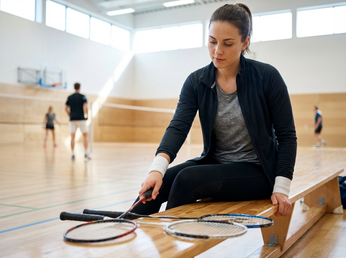 Jeune femme examinant des raquettes de badminton en salle