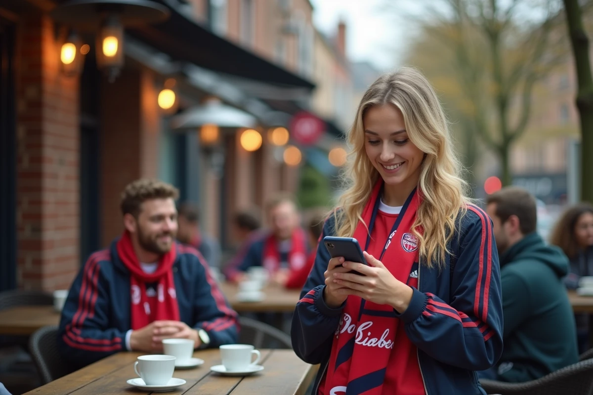 Jeune femme en maillot de rugby vérifiant les cotes au café