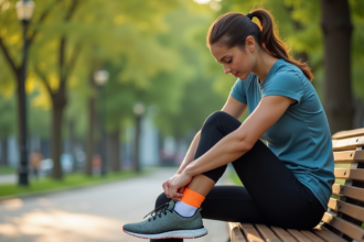 Jeune femme coureuse en tenue technique ajuste ses chaussettes colorées