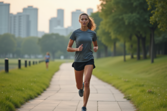 Jeune femme courant dans un parc urbain avec montre connectée