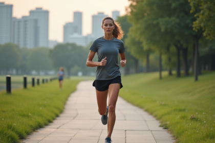 Jeune femme courant dans un parc urbain avec montre connectée