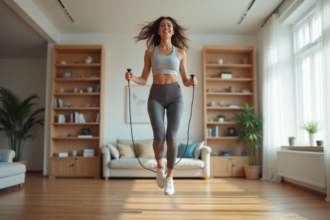 Jeune femme sautant à la corde dans un salon moderne