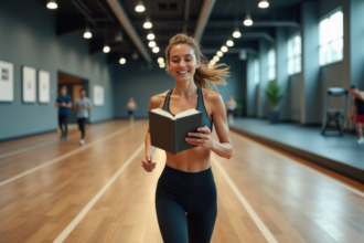 Jeune femme en tenue de sport lisant en courant en salle