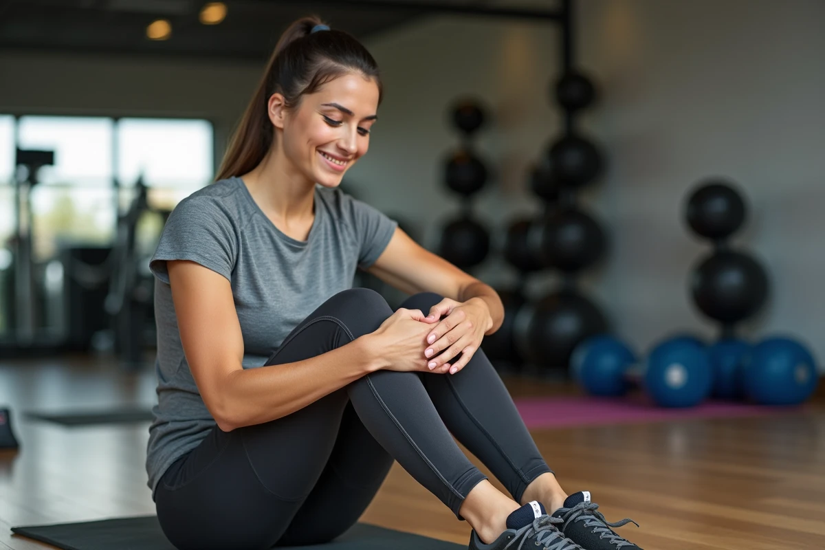 Jeune femme sportive se massant le mollet après l'entraînement