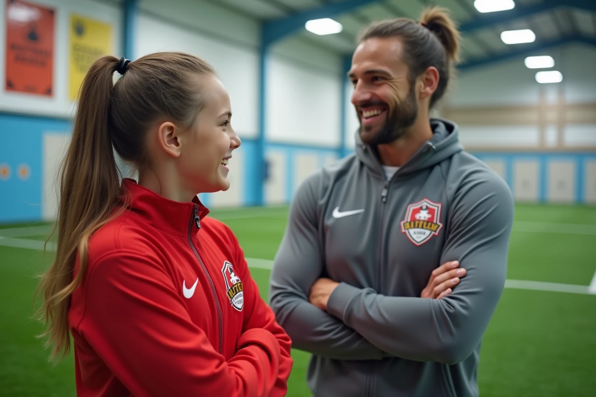 Fille souriante en veste rouge discutant avec un coach en intérieur