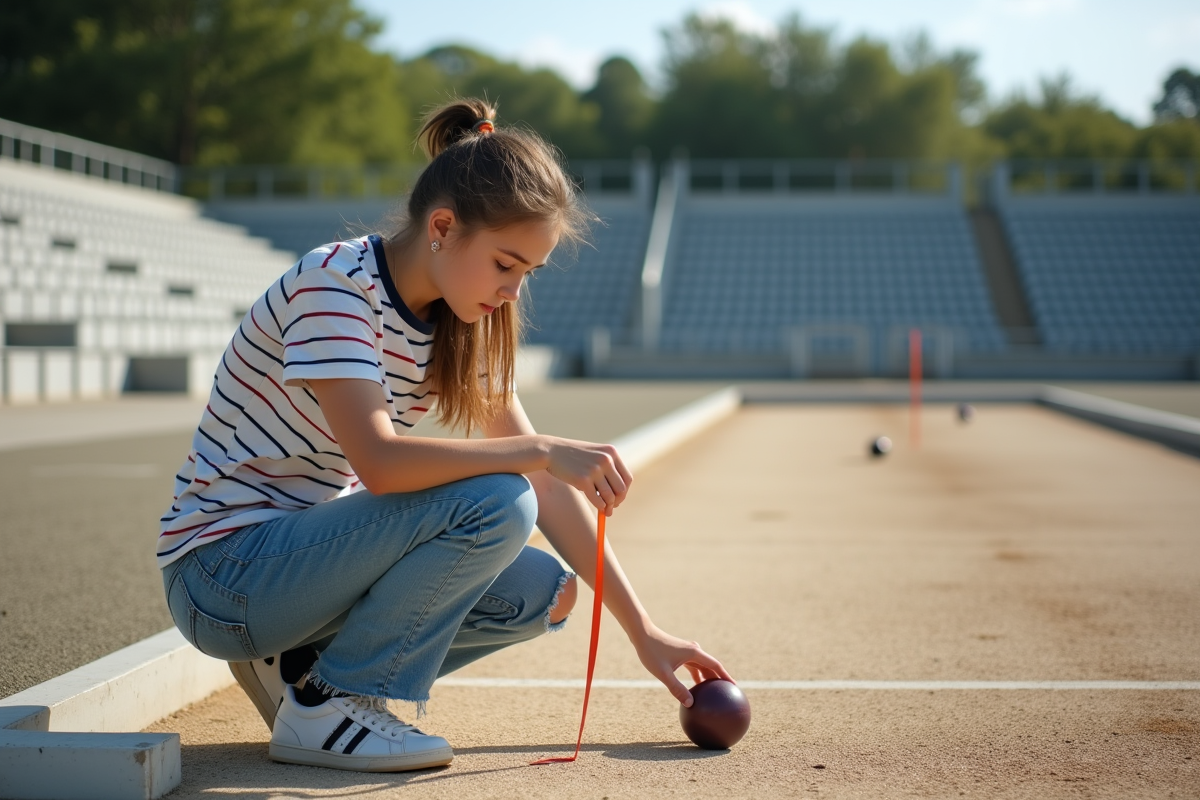 Jeune fille en jeans mesure la distance entre boules de pétanque