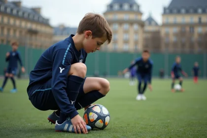 Jeune garçon en maillot de football à Paris en train de lacer ses chaussures