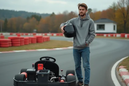 Jeune homme ajustant son casque de location près d'un kart