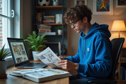 Jeune homme avec hoodie Blue Lock dans un bureau cosy