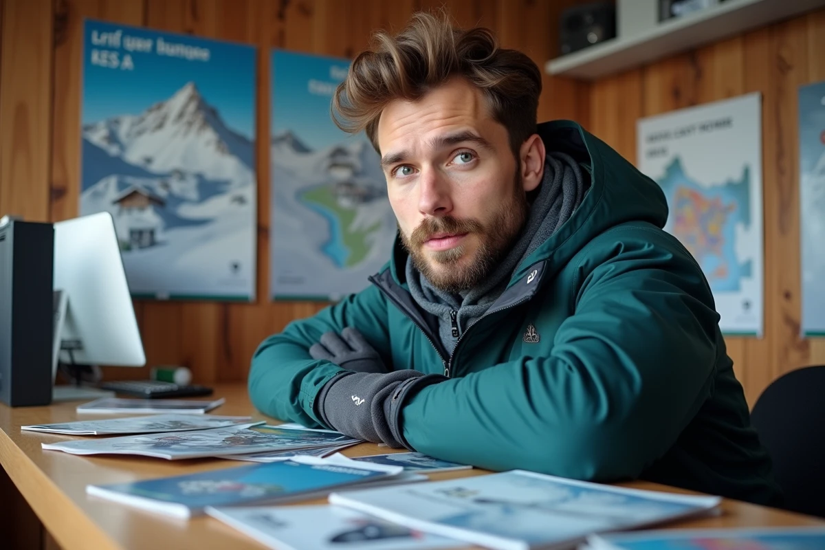 Jeune homme regardant brochures dans un bureau de ski