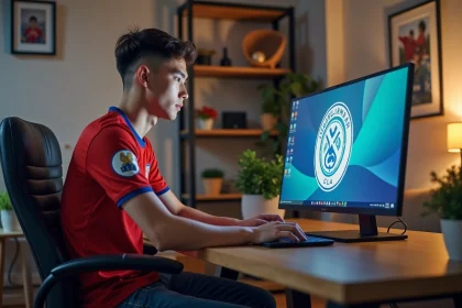 Jeune homme en jersey de football et jeans dans un bureau moderne