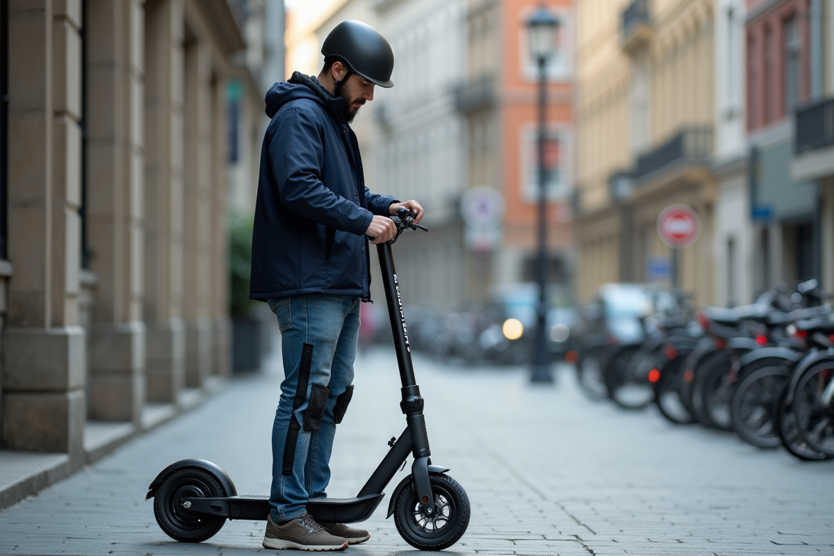 Jeune homme en windbreaker avec casque et genouillères à côté d’un scooter électrique en ville